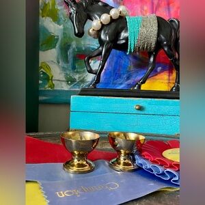 Ultra RARE Vintage 2 GUCCI Brass Service Pieces Egg Cup Holiday Gift Barware GG